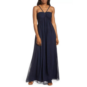 NWT Eliza J Halter Neck‎ Shirred Chiffon Gown in Navy Size 6 Evening Maxi Dress